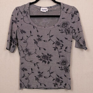 90s Top This grey and black floral scoop neck slinky knit top-L